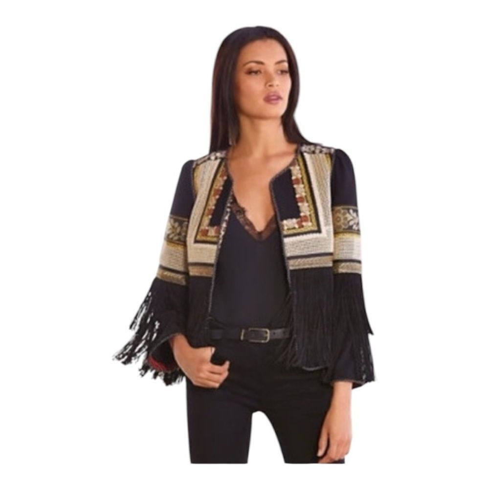 Just B Embroidered Fringe Boho Western Cowgirl Open Front‎ Jacket Size Small
